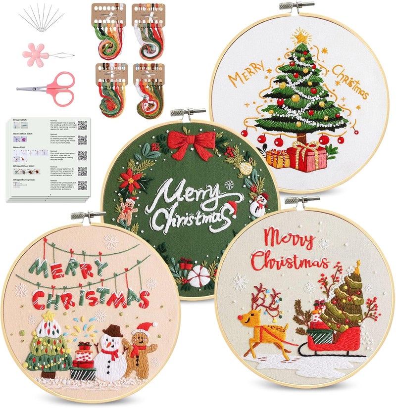 Santune 4 pcs Christmas Embroidery kit with Patterns Instructions Needlepoint Cross Stitch Kits for Beginners Adult,4 Embroidery,2 Hoops,Colored Threads Scissors and Needles,Merry Christmas - Image 1
